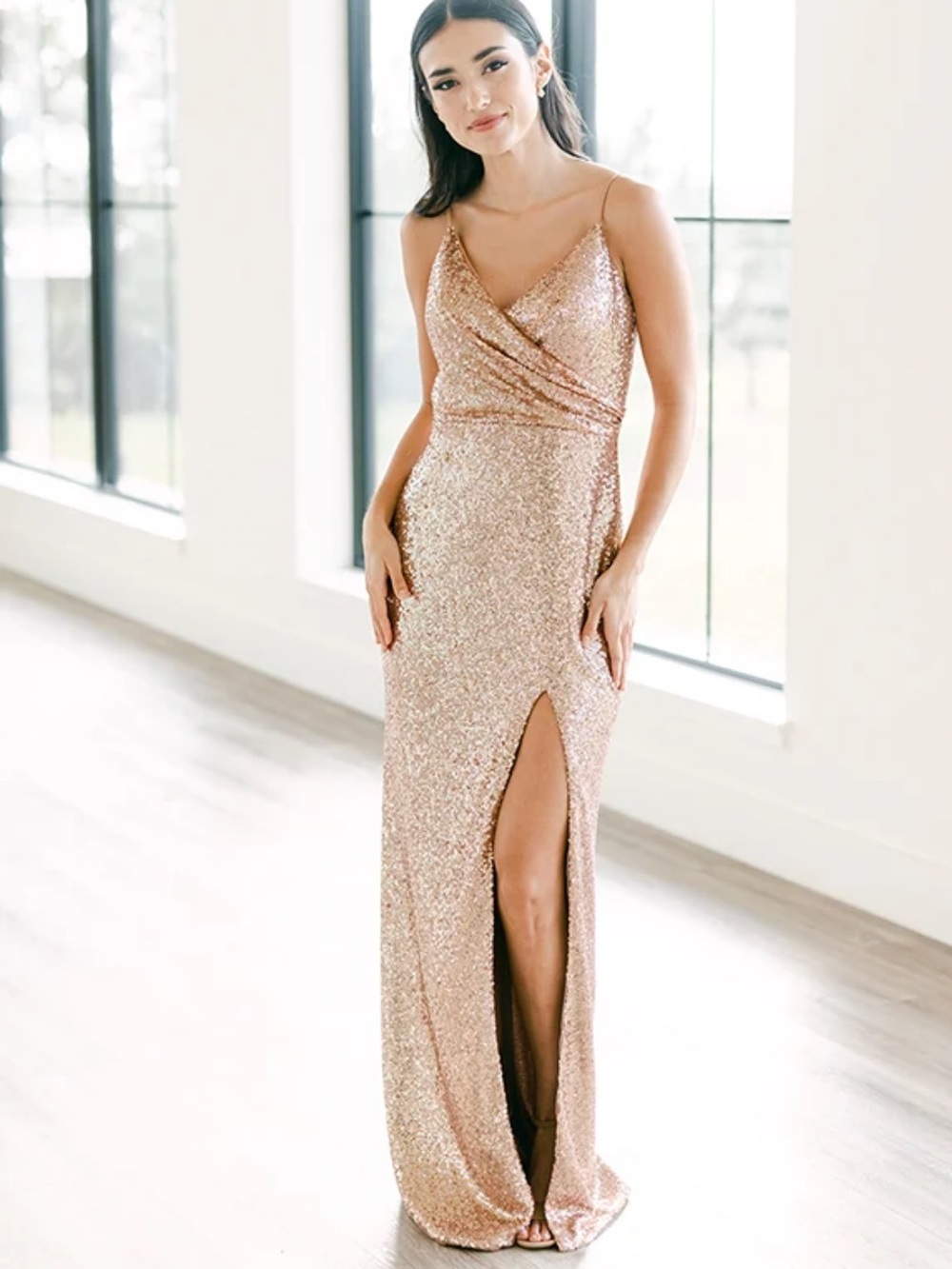 Revelry Maxi Dress with Front Side Slit - Rose Gold